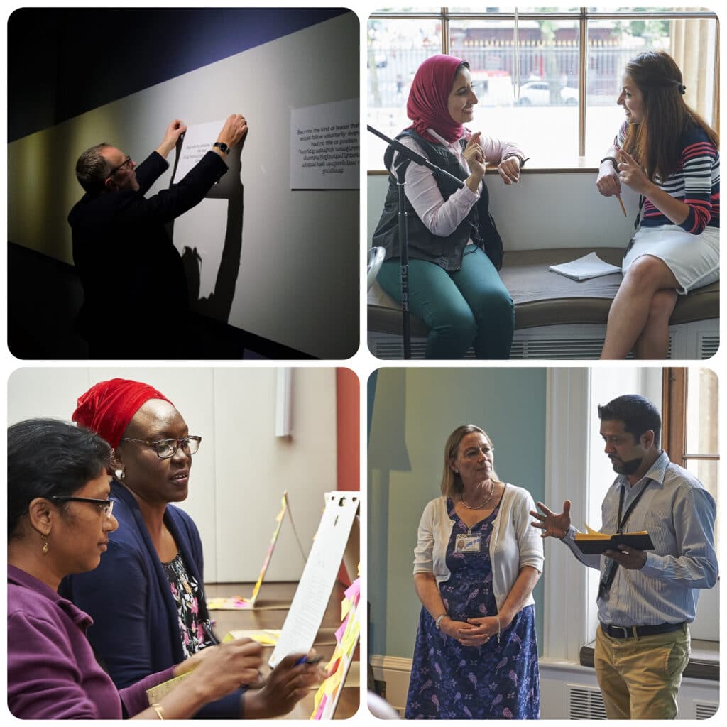 a collage of four images showing pairs of people talking and working together