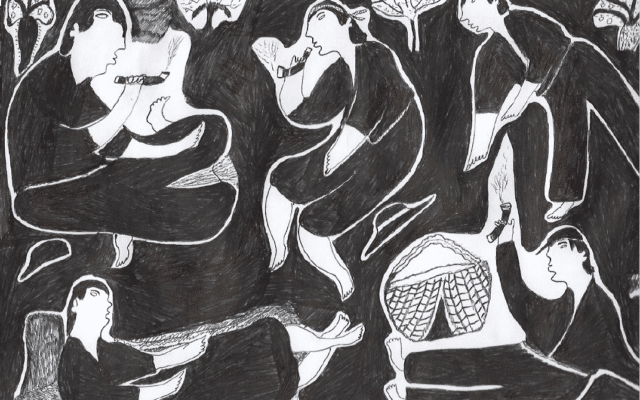 Artwork in black and white of abstract figures