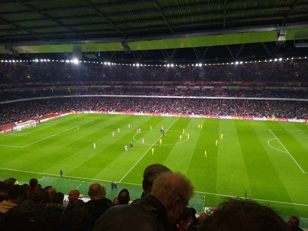 View of the pitch from the stands at a football stadium