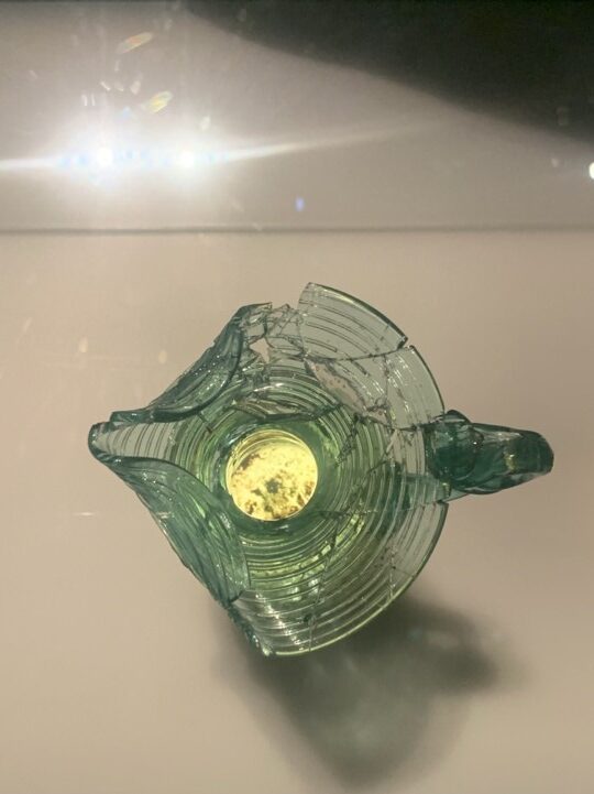 Restored glass vessels on display at the British Museum