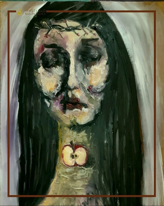Artwork of a crying woman wearing a crown of thorns. A cross section of an apple is displayed on her neck.
