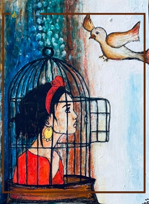 Artwork showing a woman trapped in a bird cage, a bird flies freely outside of the cage. 