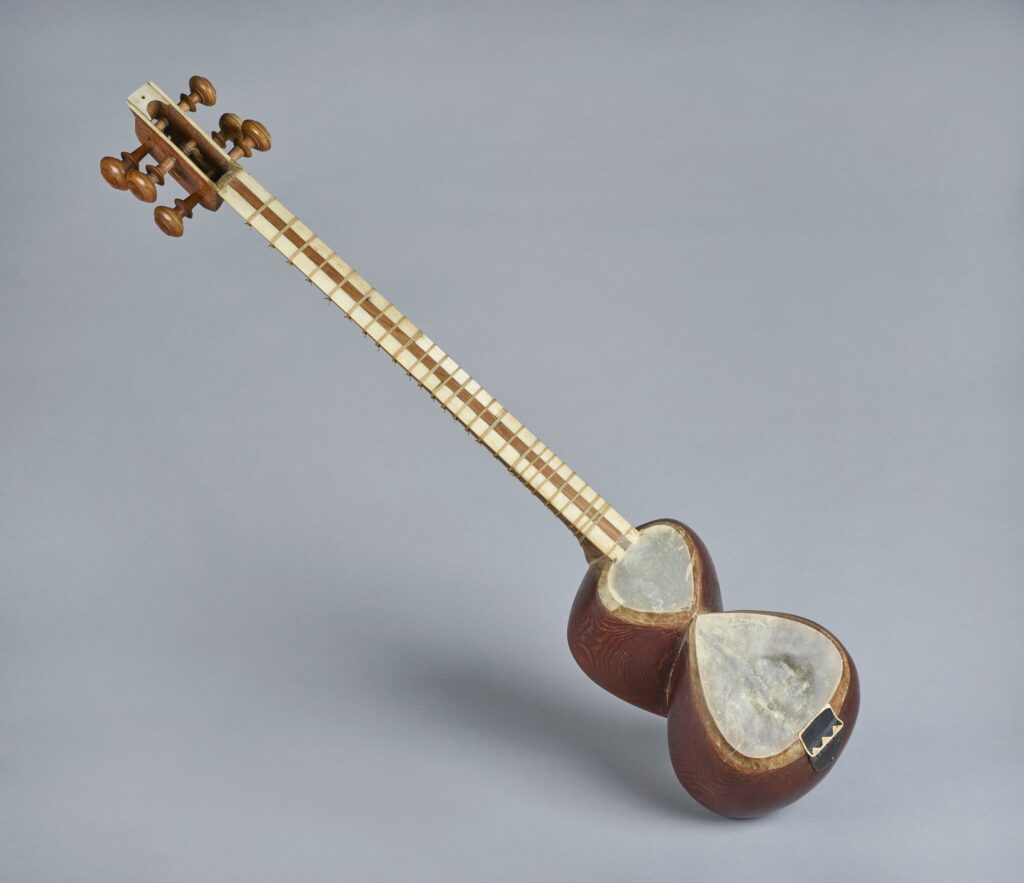 Stringed musical instrument called a tar or long-necked Iranian lute. 