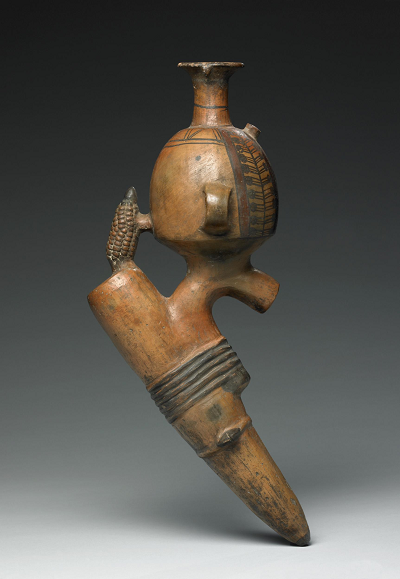 Ceramic ceremonial vessel (paccha) in the form of a digging stick (chaquitaclla).