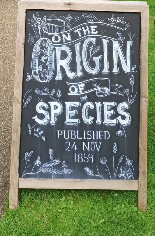 Chalkboard sign saying 'On the Origin of Species, published 24 Nov 1859.'