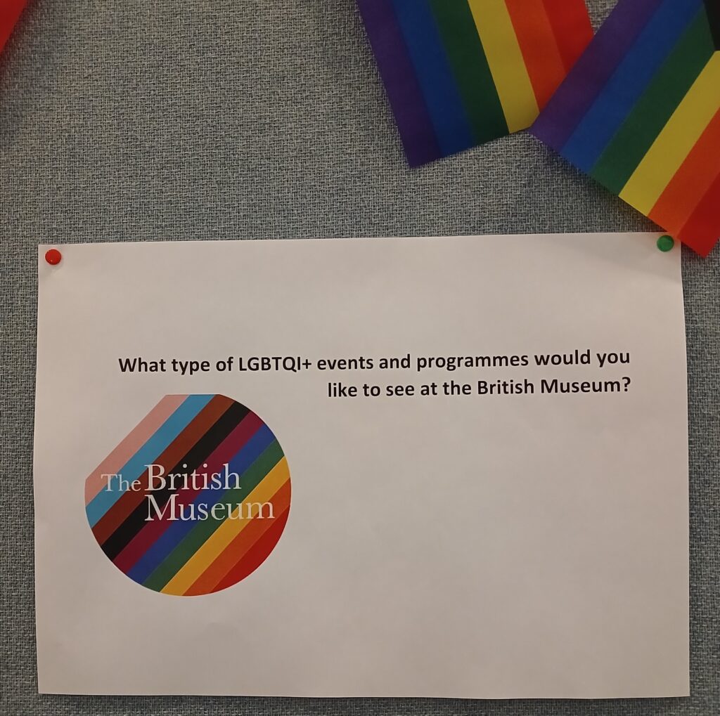 A piece of paper with the question asking what LGBTQI+ events you would like to see at the British Museum.
