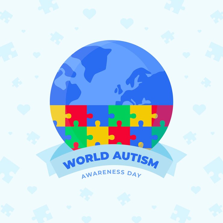 Graphic image of a globe, half covered with puzzle pieces. A banner underneath says 'world autism'.