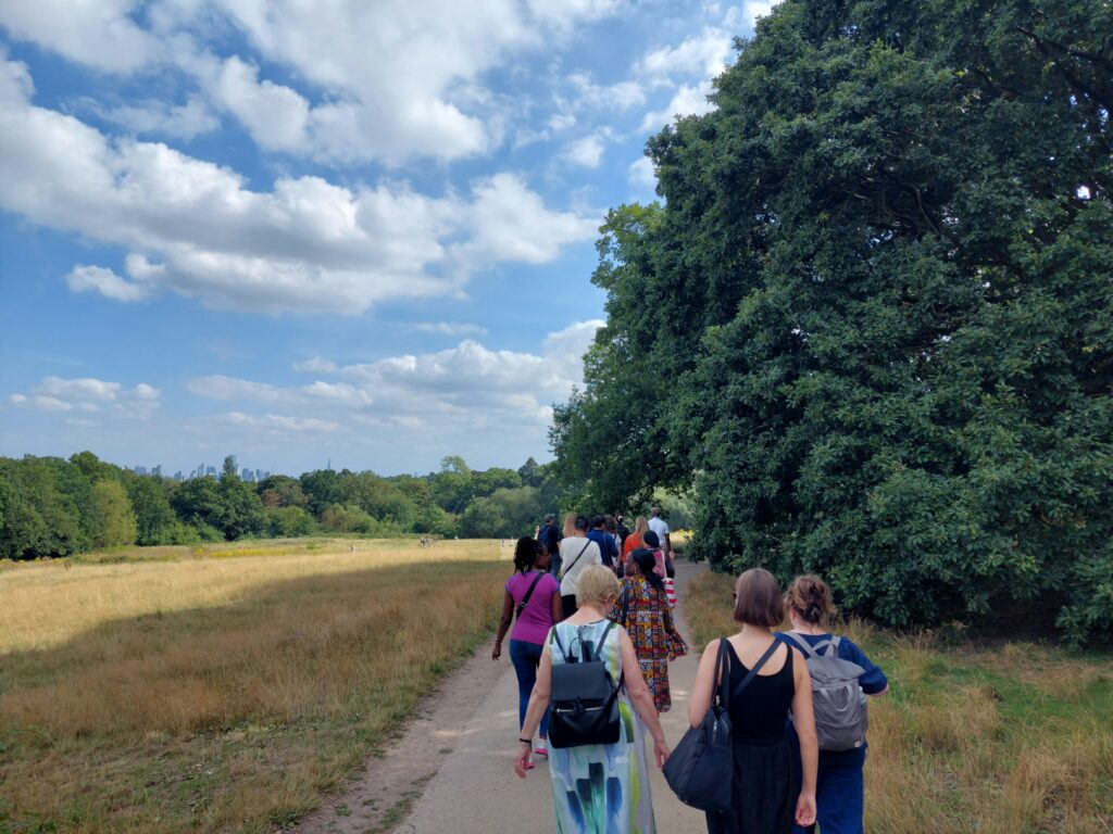A group of people walking down a path alongside a field