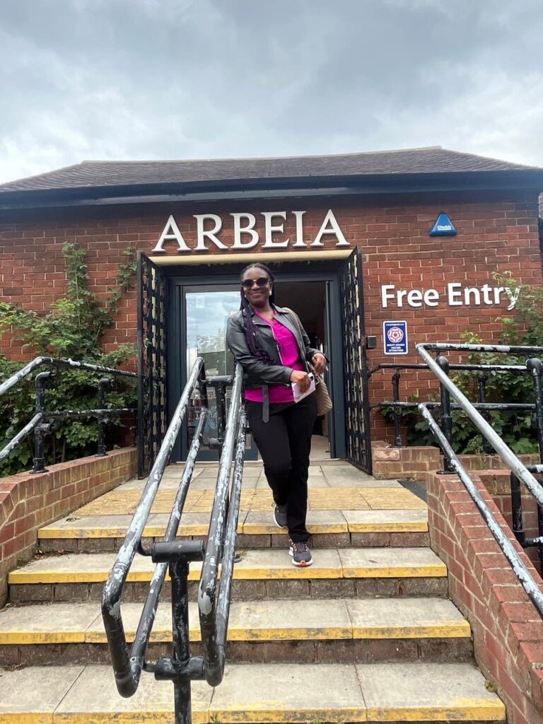 Chantal outside the entrance to Arbeia 