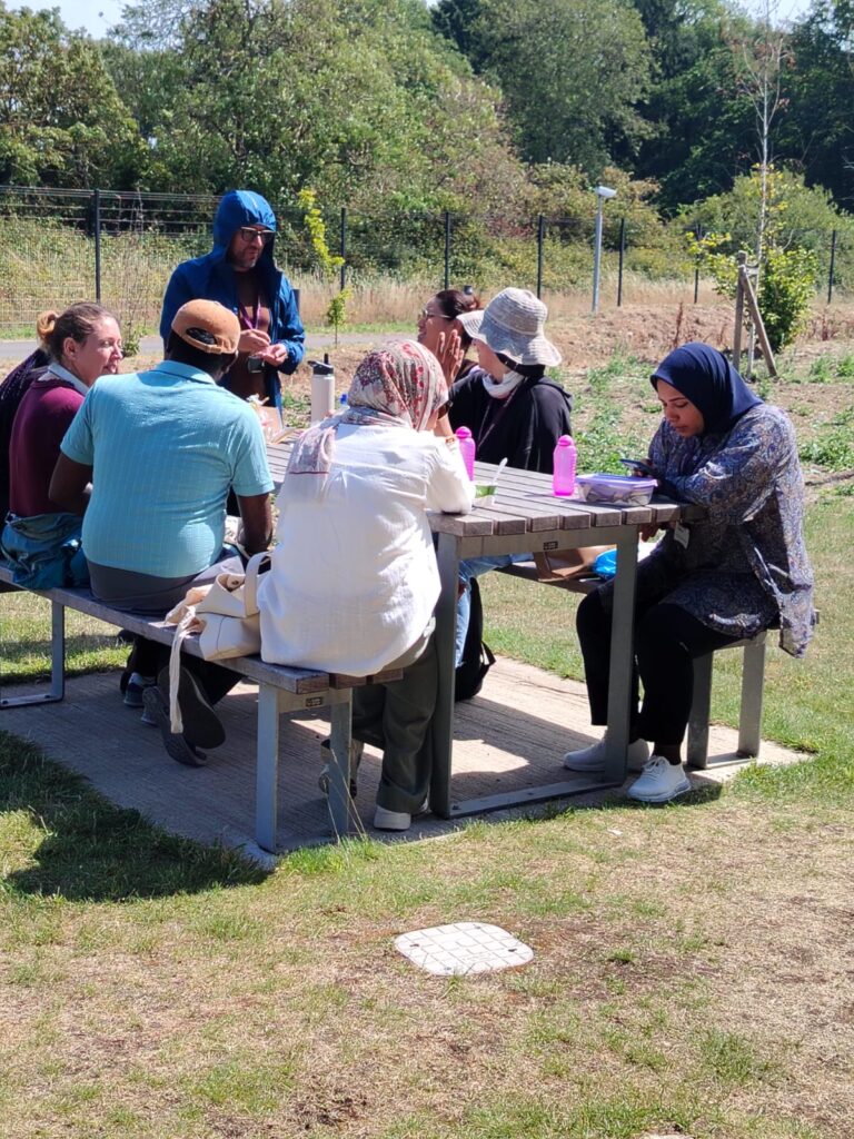 Group of people sitting on a picnic table