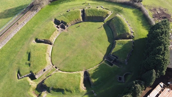 Birds eye view of Caerleon Roman Fortress and Baths